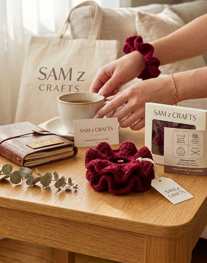 Samz Crafts crochet scrunchies in a cosy studio setting